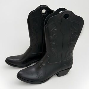 Womans Cowboy Rubber Rain Boots Sz 8 Black Pull On Water Resistant Southwestern